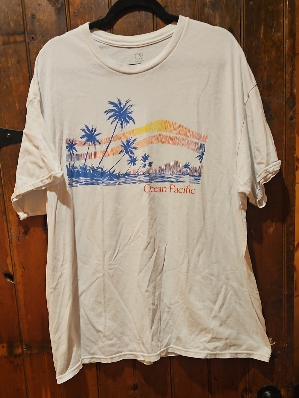 OP Men’s Cream Short Sleeve Tee with Blue Palm Graphic and Yellow Accents